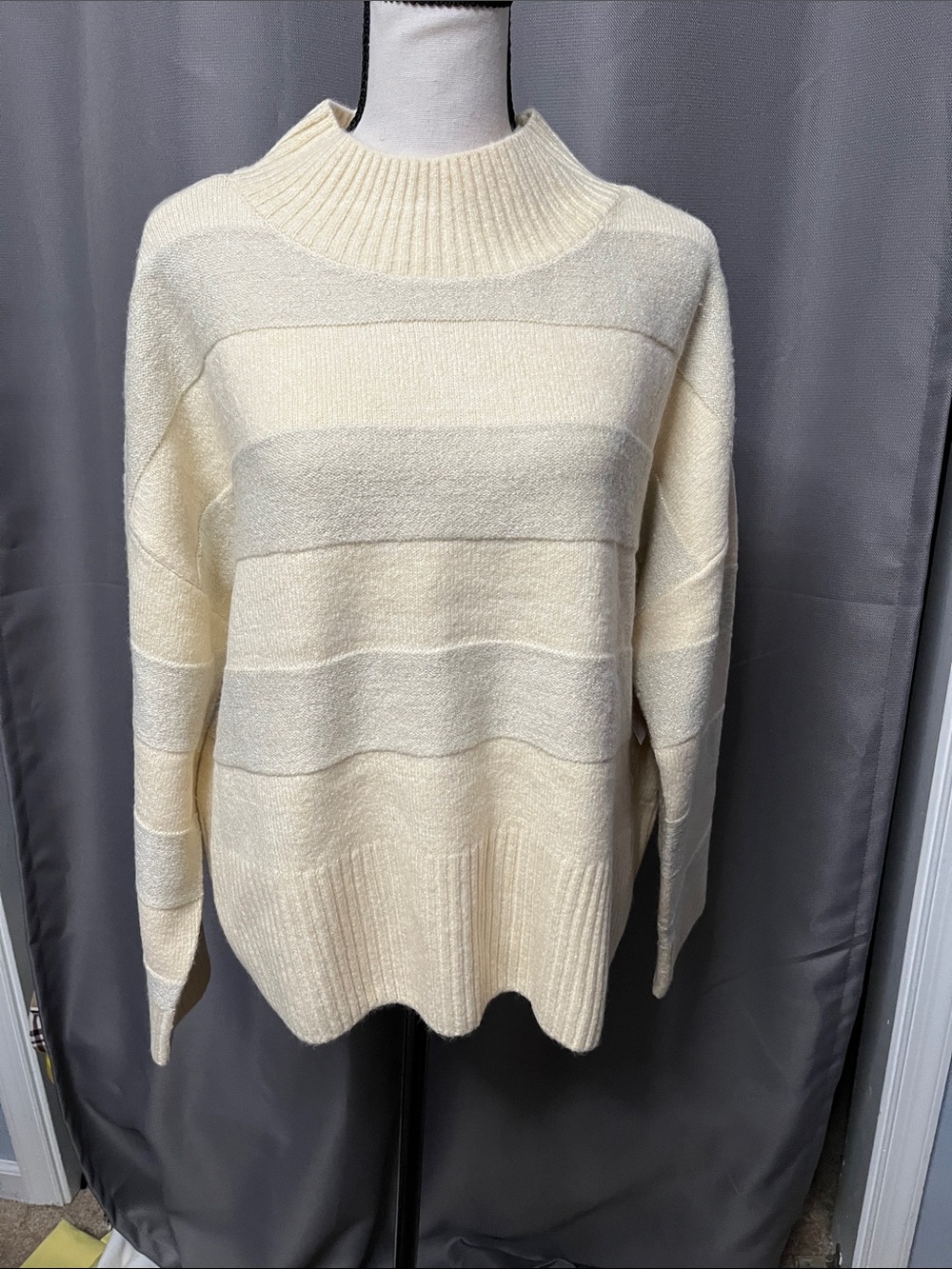 Tribal Cream Striped Mock Neck Sweater